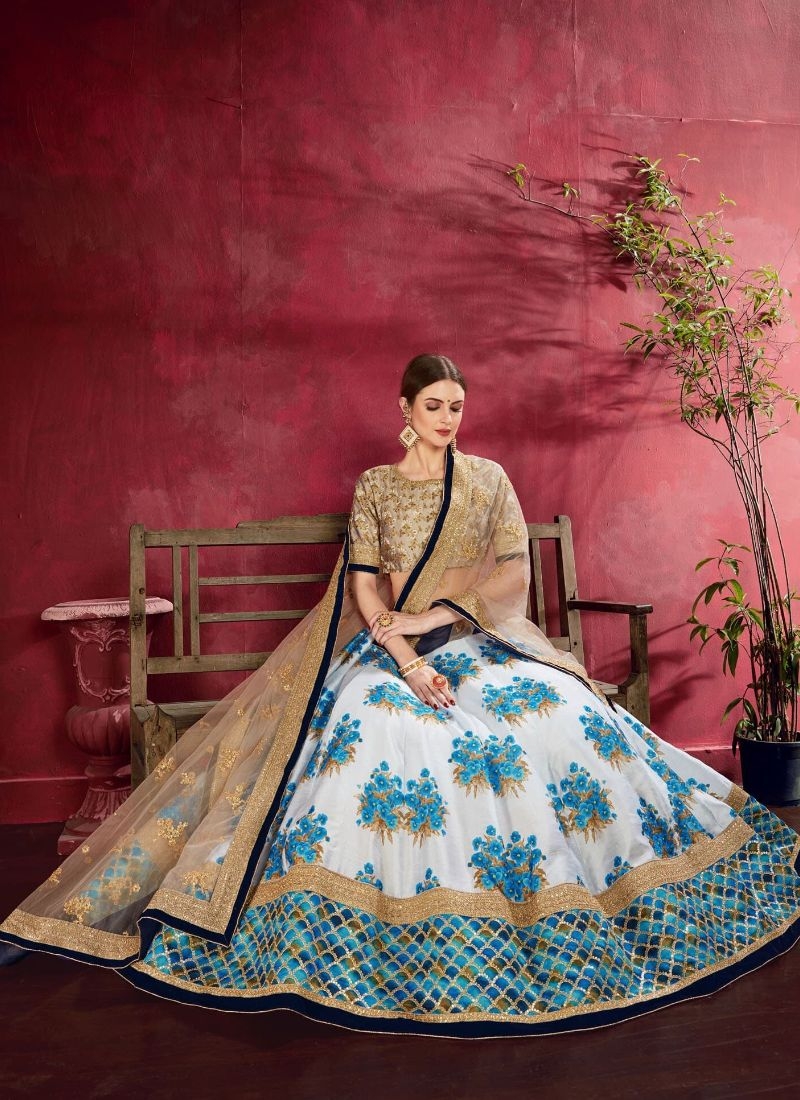 Gorgeous floral printed banglory silk lehenga choli in sky blue