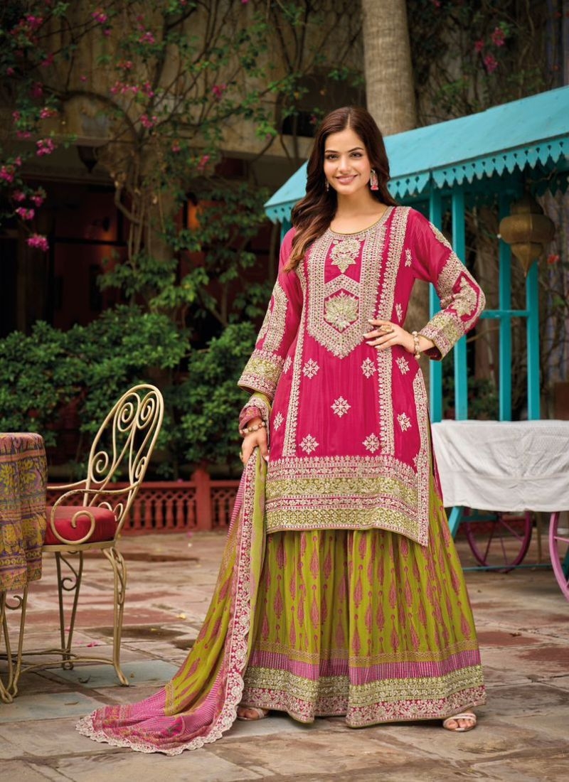 Premium embroidered sharara suit with embroidered dupatta in magenta