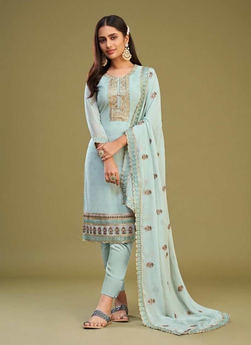 Designer georgette embroidered pant suit in sky blue