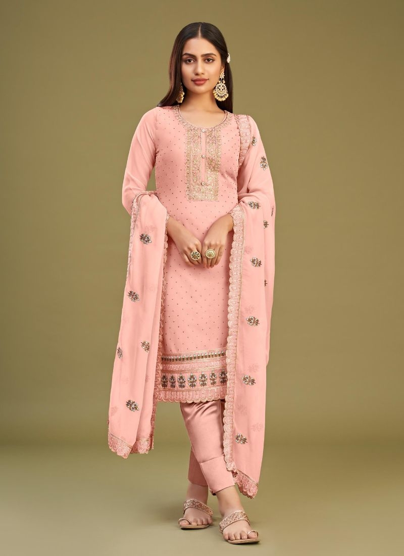 Designer georgette embroidered pant suit in peach