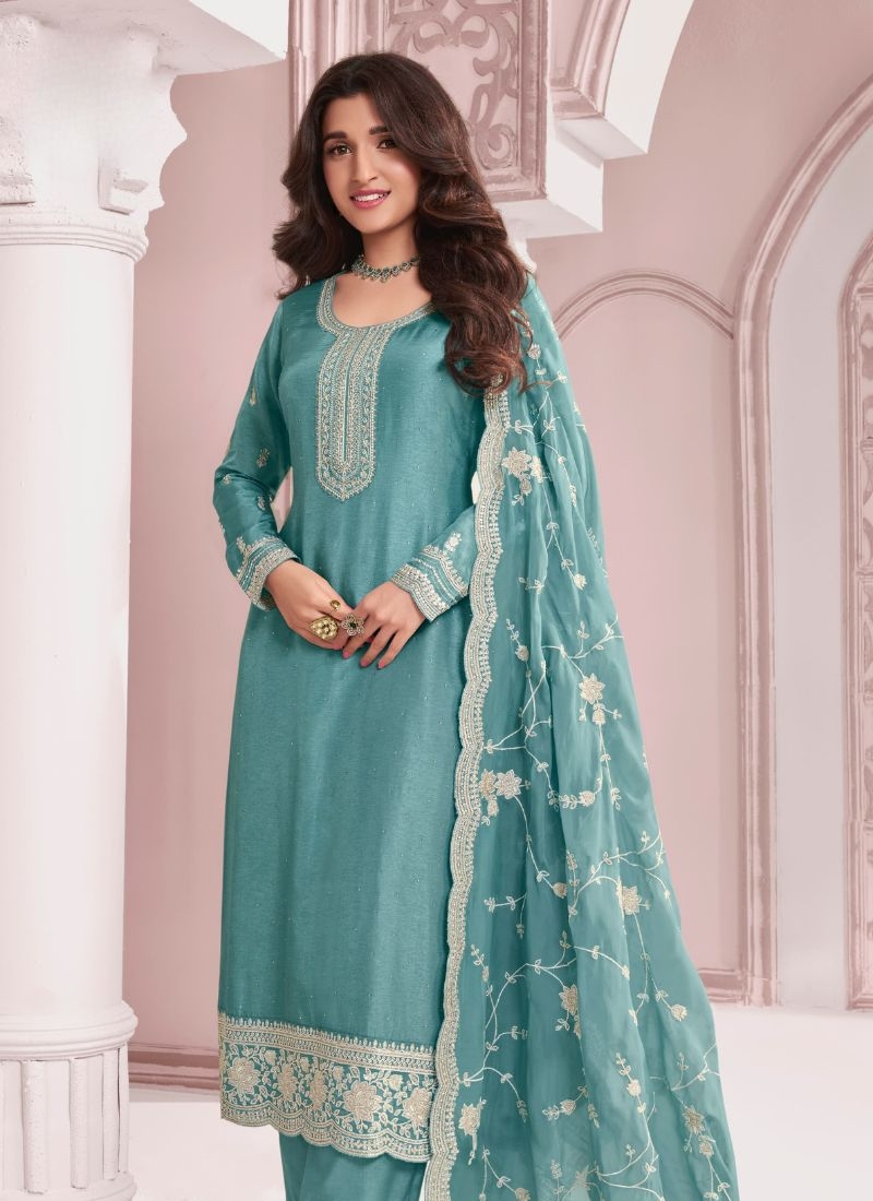 Embroidered Chinon kurta pant suit & dupatta in blue