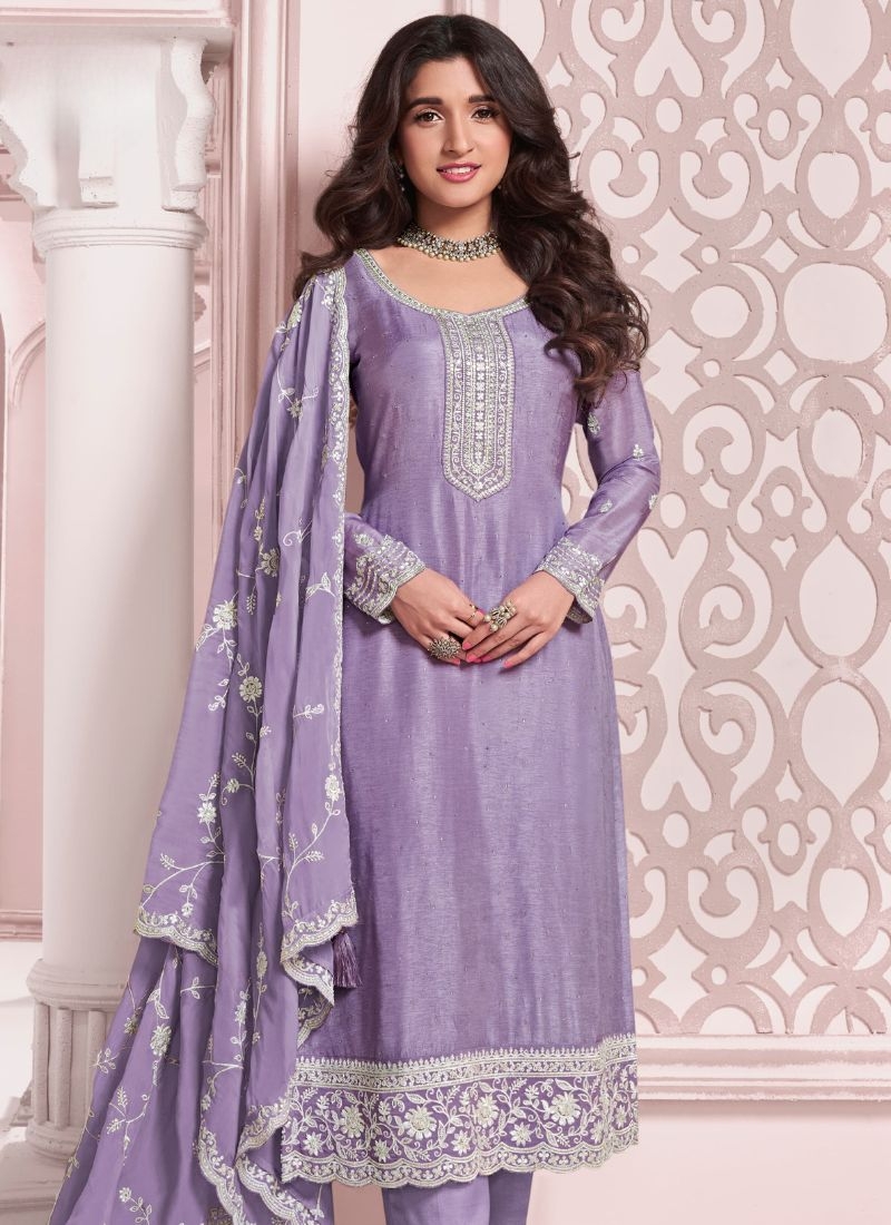 Embroidered Chinon kurta pant suit & dupatta in purple