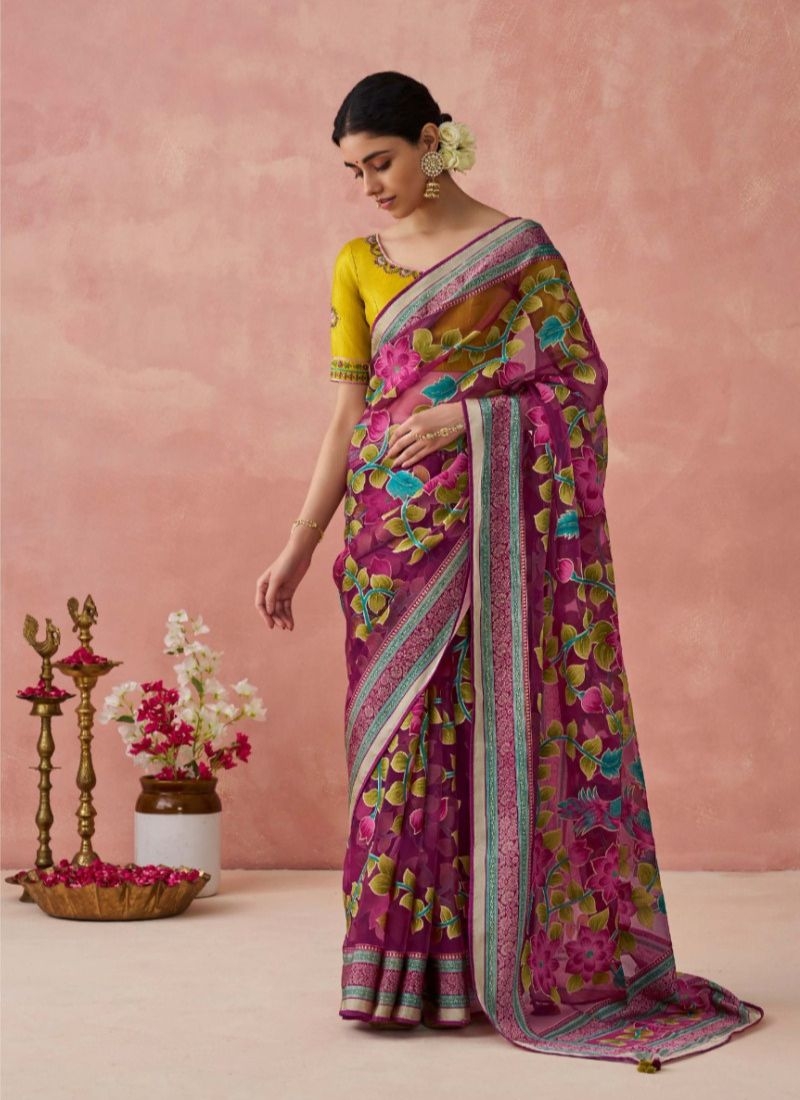 Beautiful digital printing organza saree  in dark pink