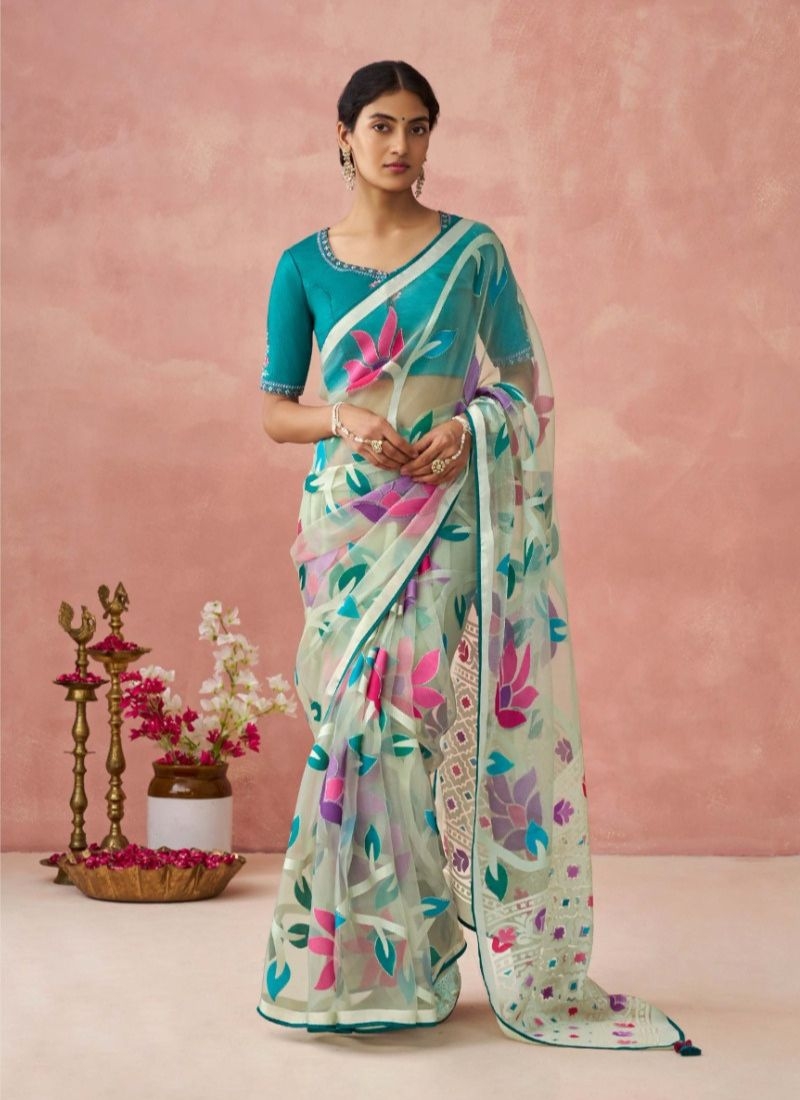 Beautiful digital printing organza saree  in light green