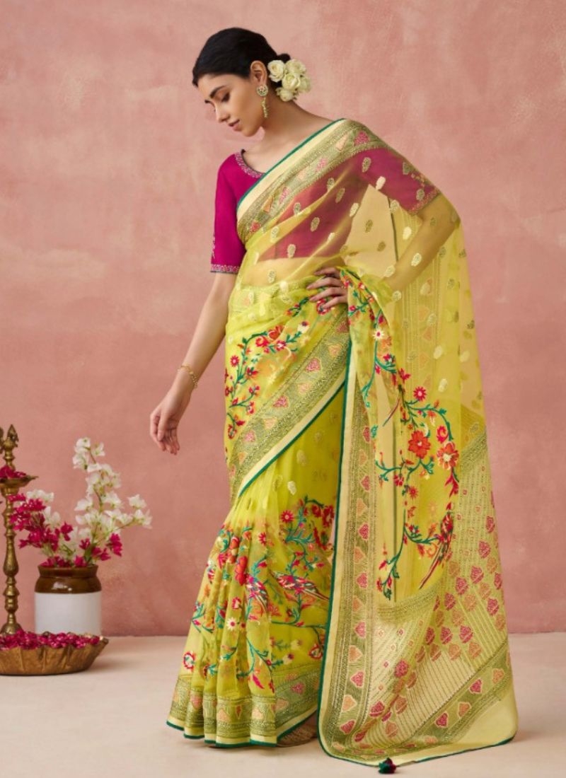 Beautiful digital printing organza saree  in yellow