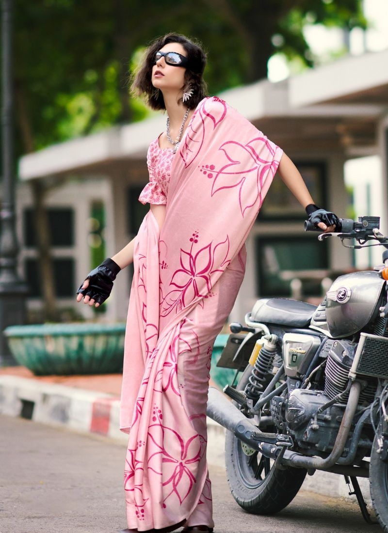 Designer abstract printing saree with modern touch in baby pink