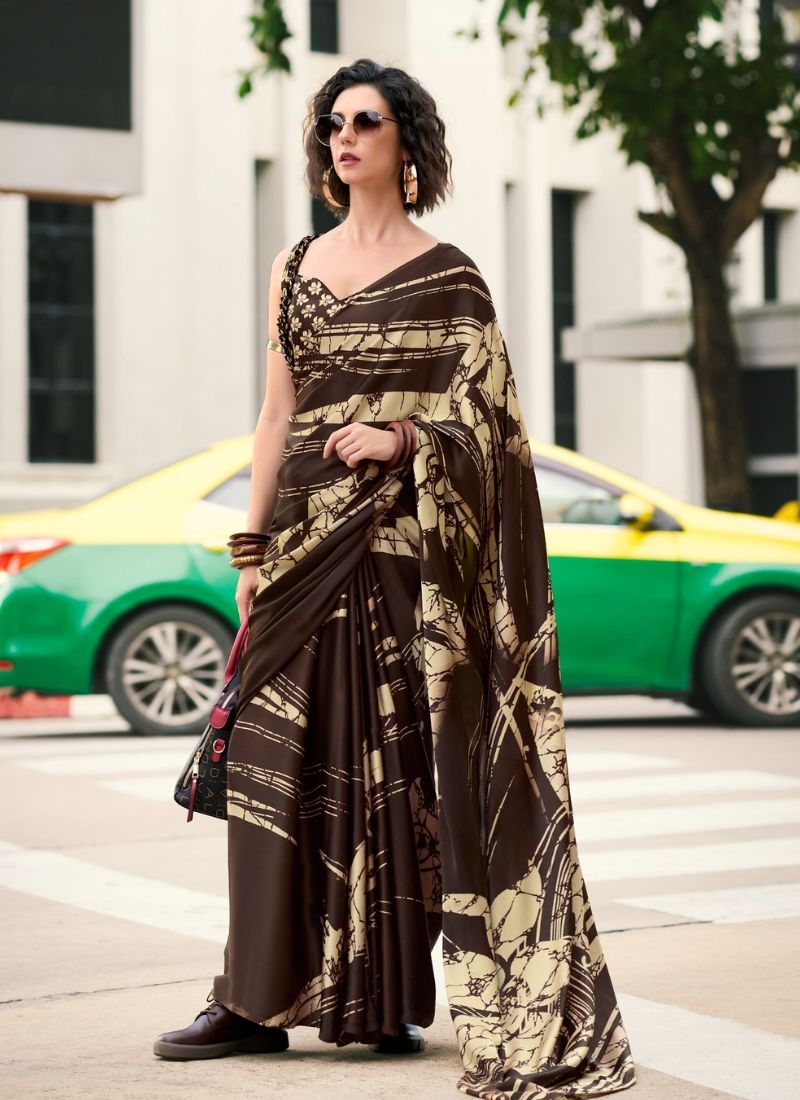 Designer abstract printing saree with modern touch in brown