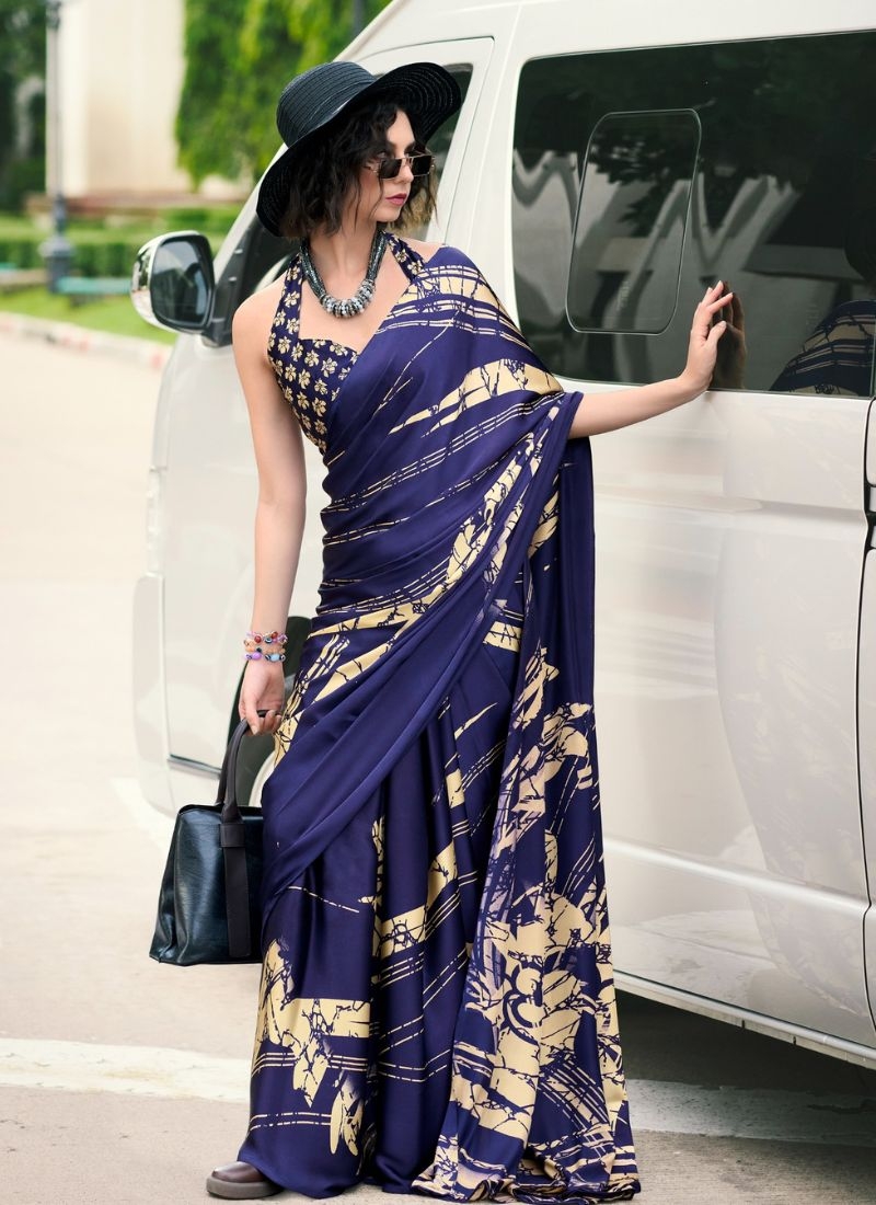 Designer abstract printing saree with modern touch in navy blue