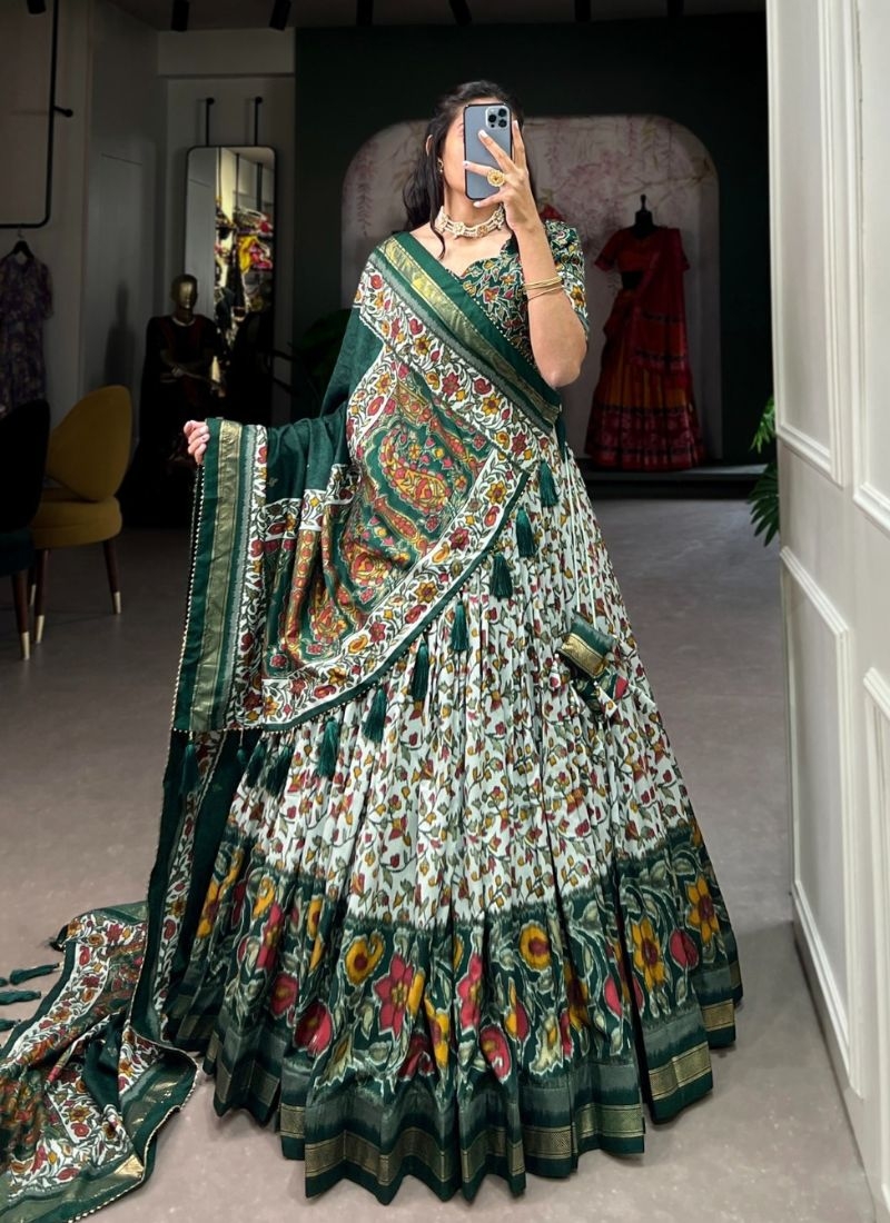 Designer floral printed navratri special lehenga choli in dark green