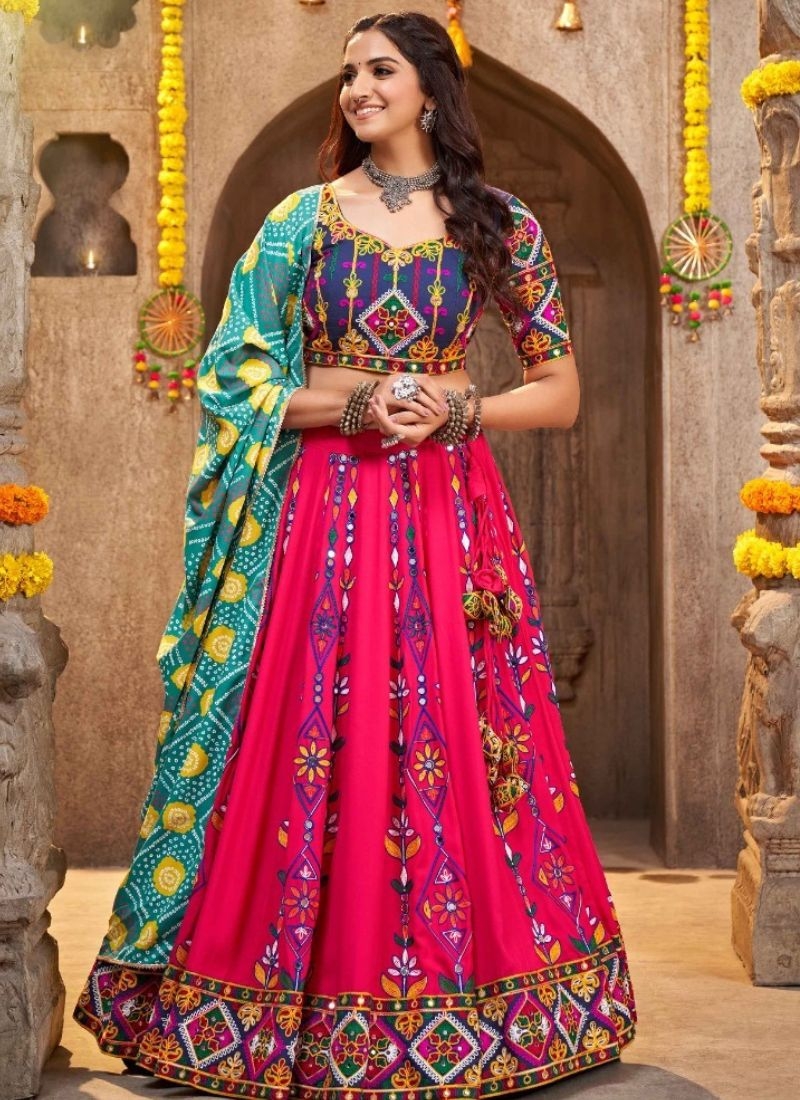 Embroidered viscose rayon lehenga choli & dupatta in dark pink