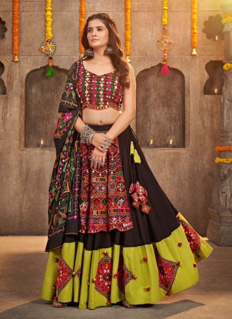 Embroidered viscose rayon lehenga choli & dupatta in black