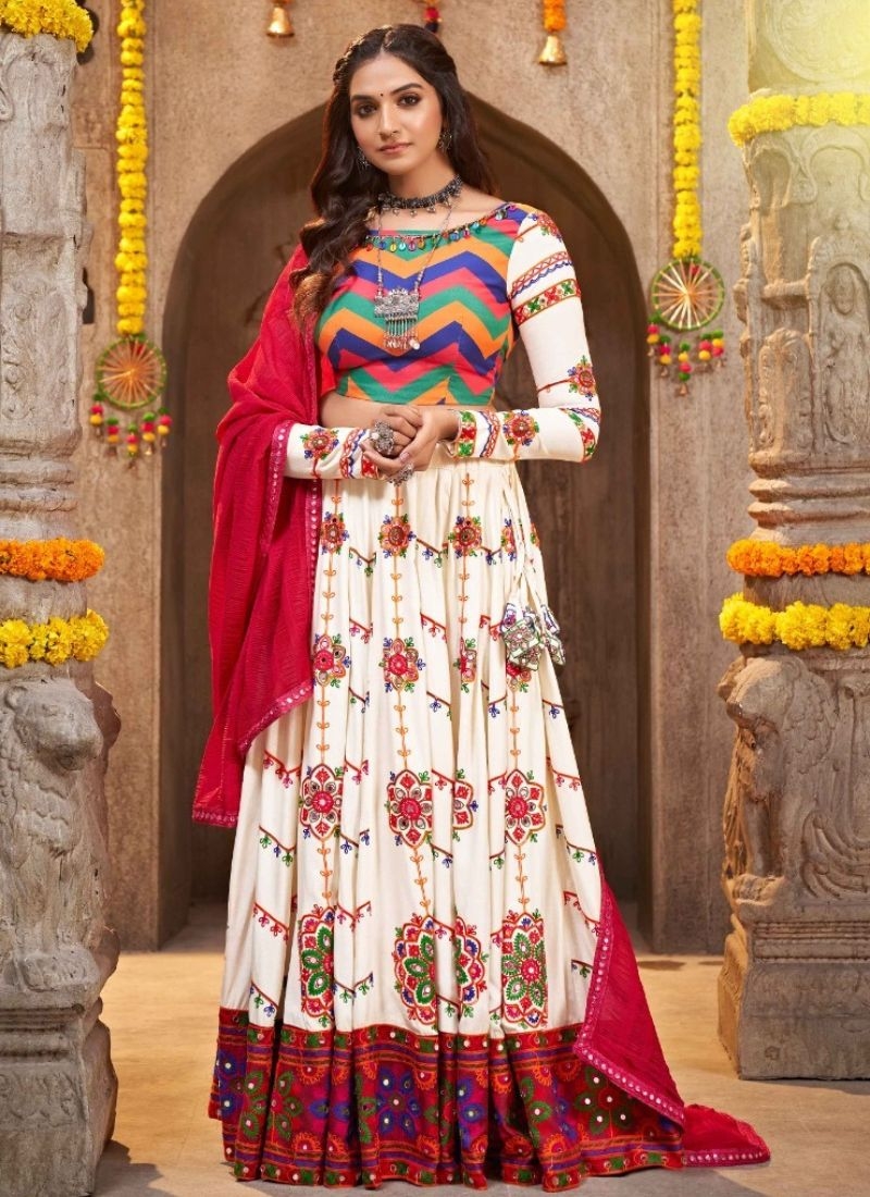 Embroidered viscose rayon lehenga choli & dupatta in white