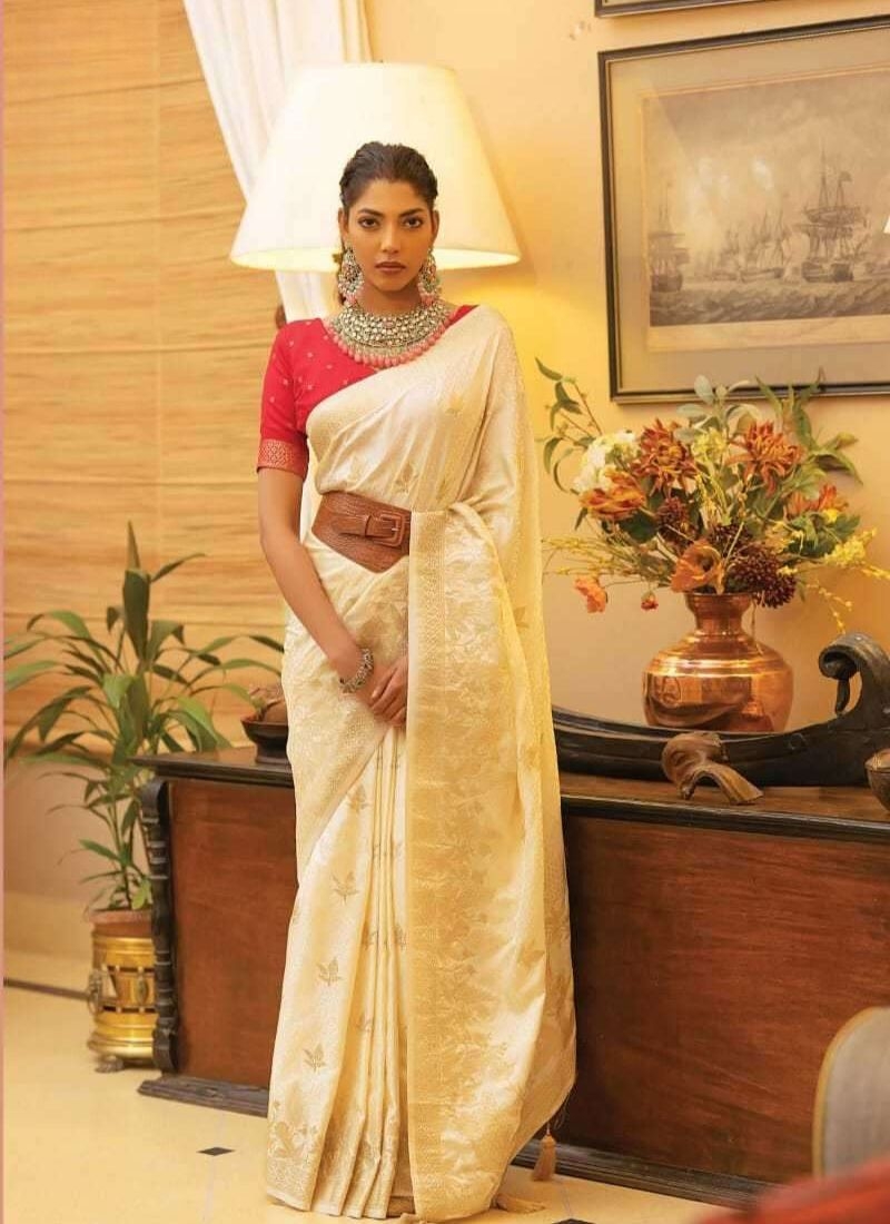 Designer banarasi style silk saree with zari weaving in cream