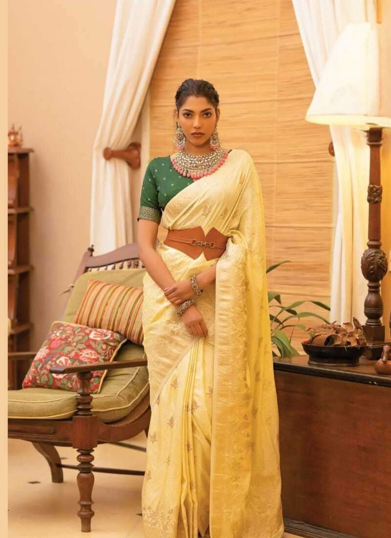 Designer banarasi style silk saree with zari weaving in lime yellow