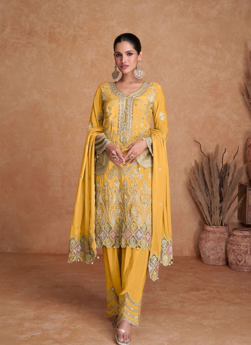 Beautiful embroidered Chinon kurta pant suit  in yellow