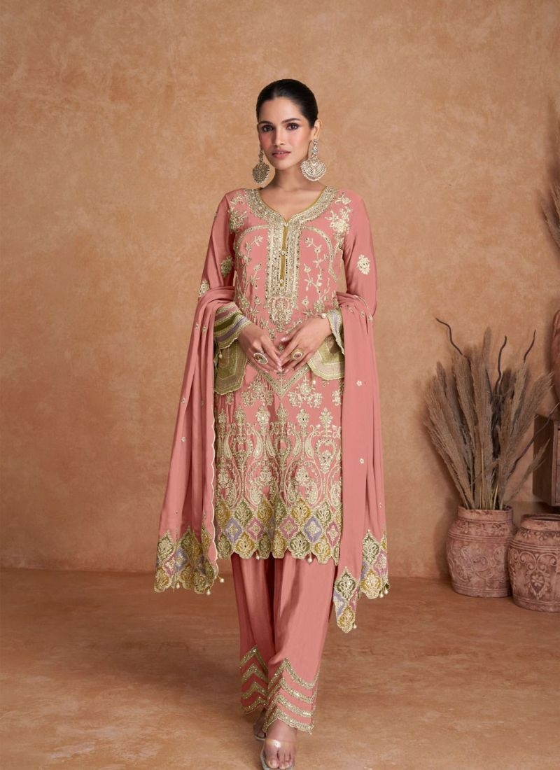 Beautiful embroidered Chinon kurta pant suit  in peach