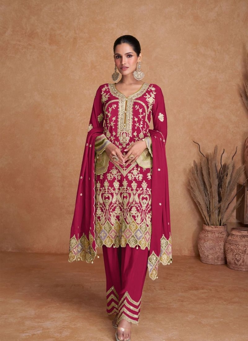 Beautiful embroidered Chinon kurta pant suit  in red