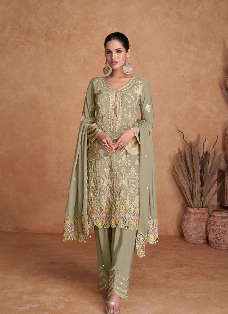 Beautiful embroidered Chinon kurta pant suit  in light green