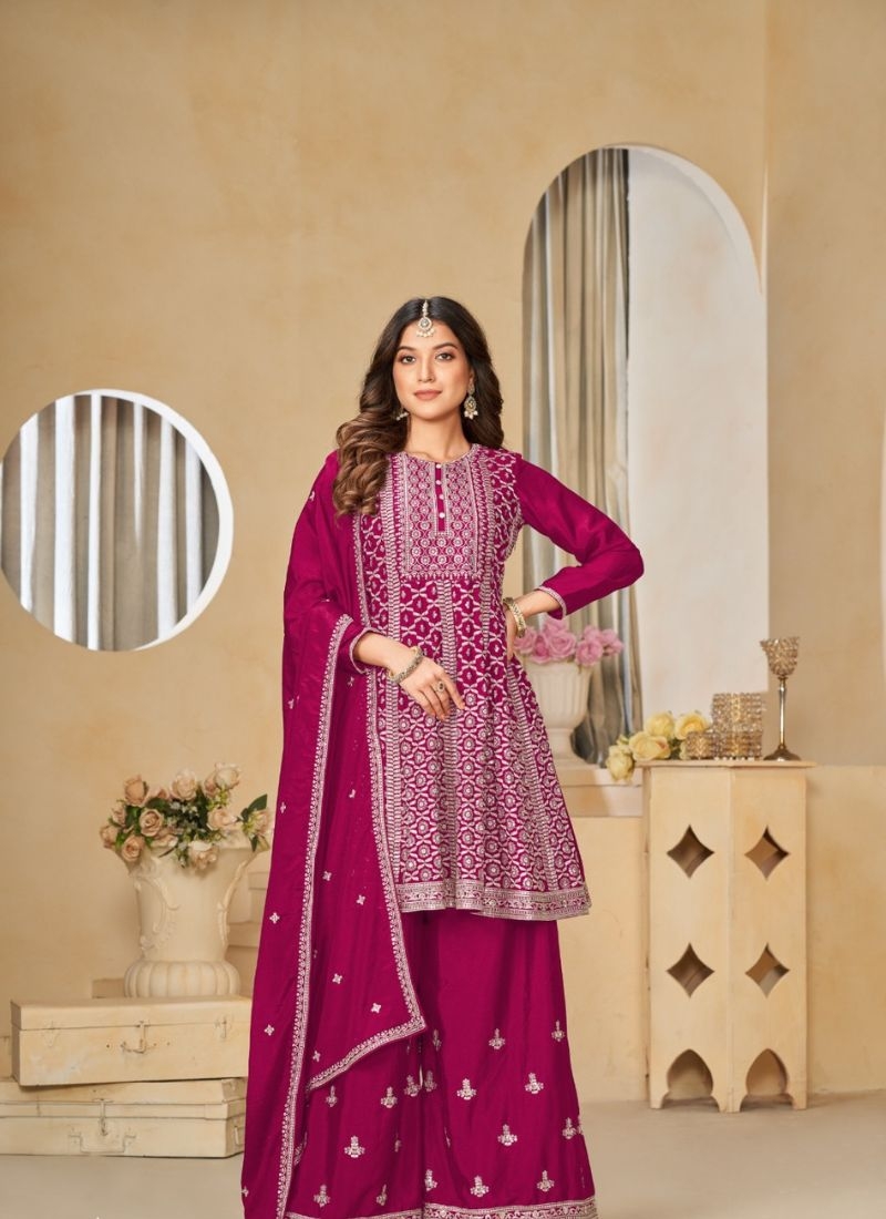 Designer embroidered chinon sharara suit & dupatta in maroon