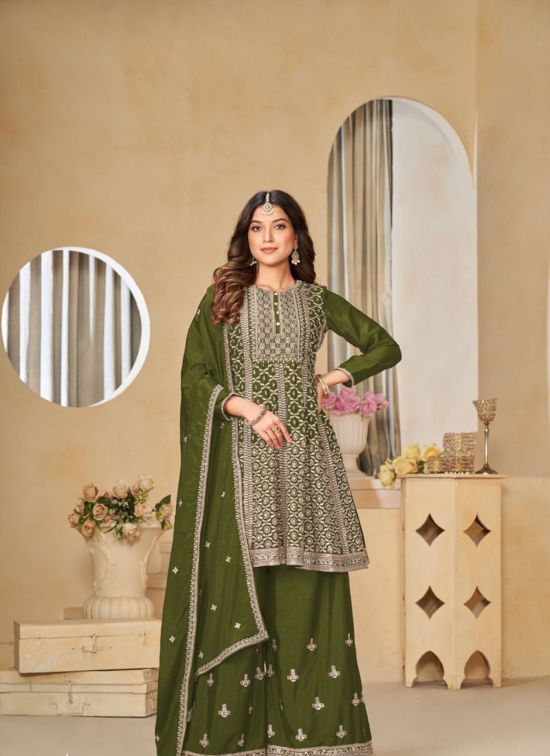 Designer embroidered chinon sharara suit & dupatta in dark green