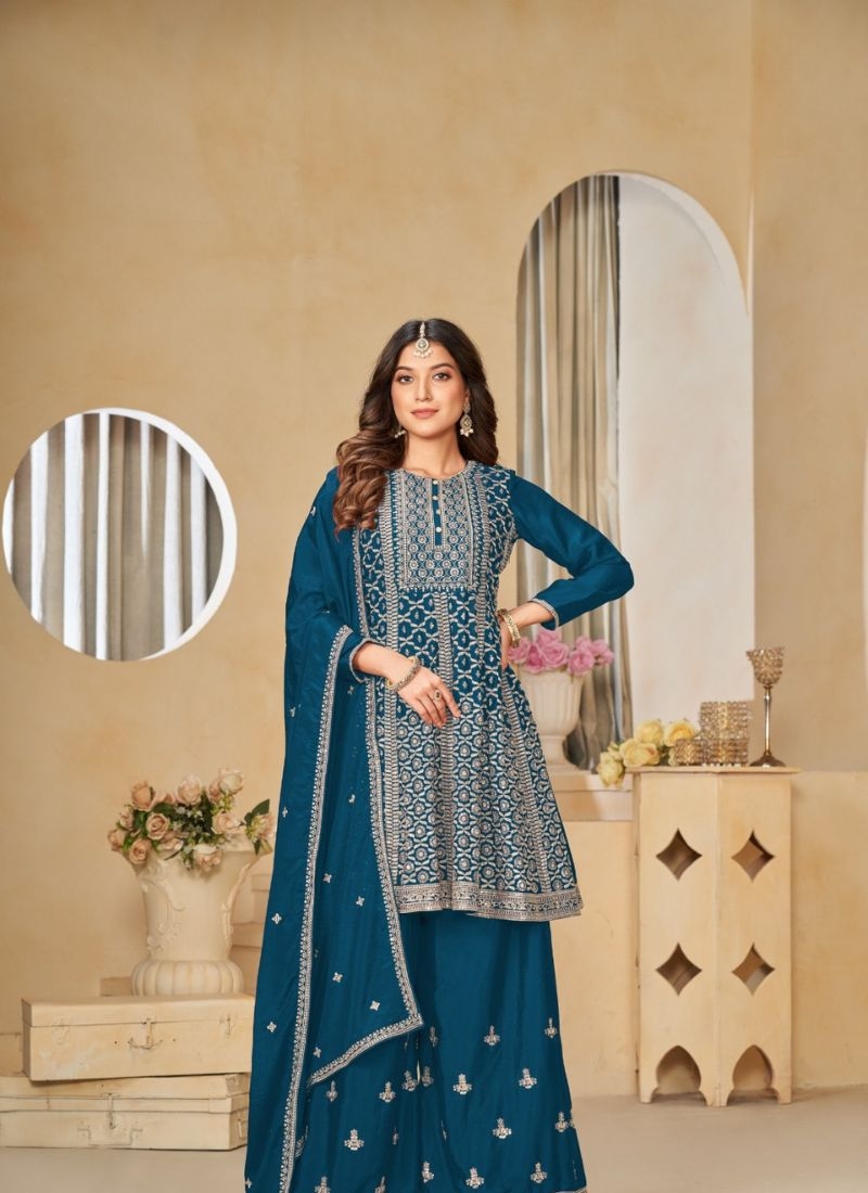 Designer embroidered chinon sharara suit & dupatta in dark blue