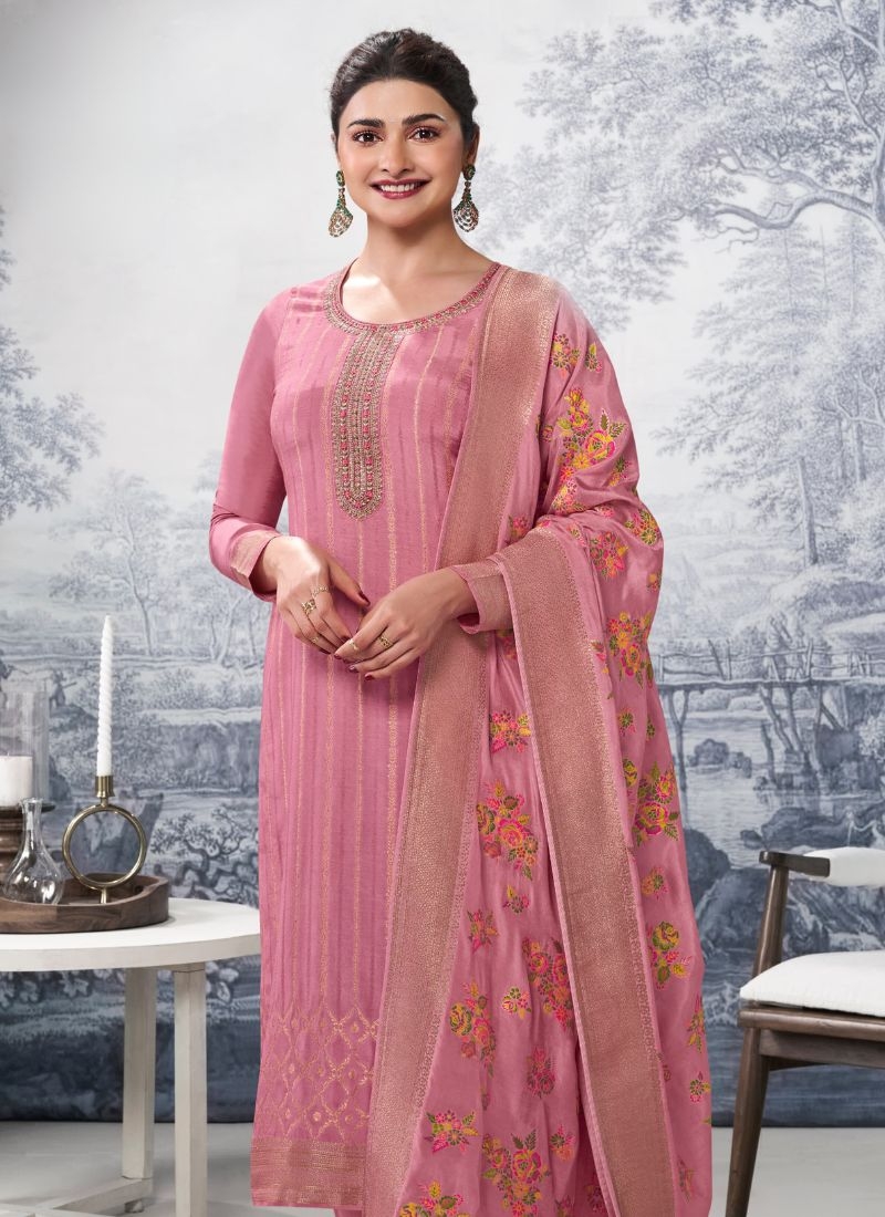 Trendy jacquard printed pant suit & dupatta in peach