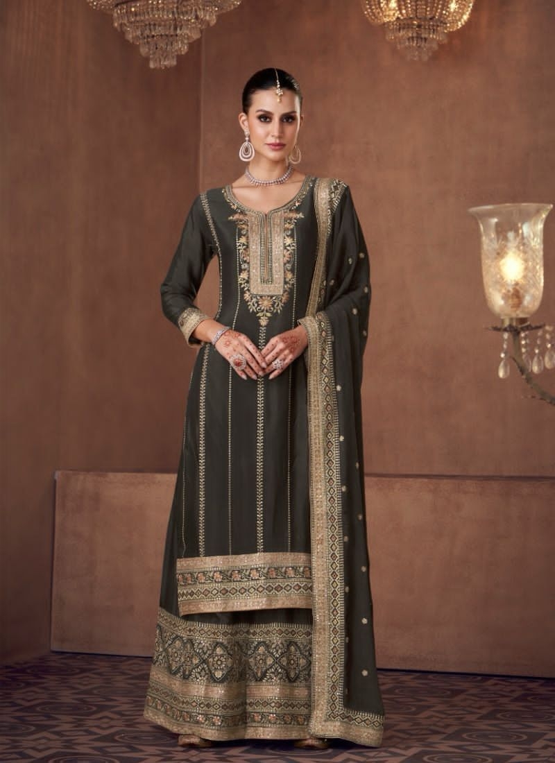 Traditional embroidered wedding palazzo suit & dupatta in Brown