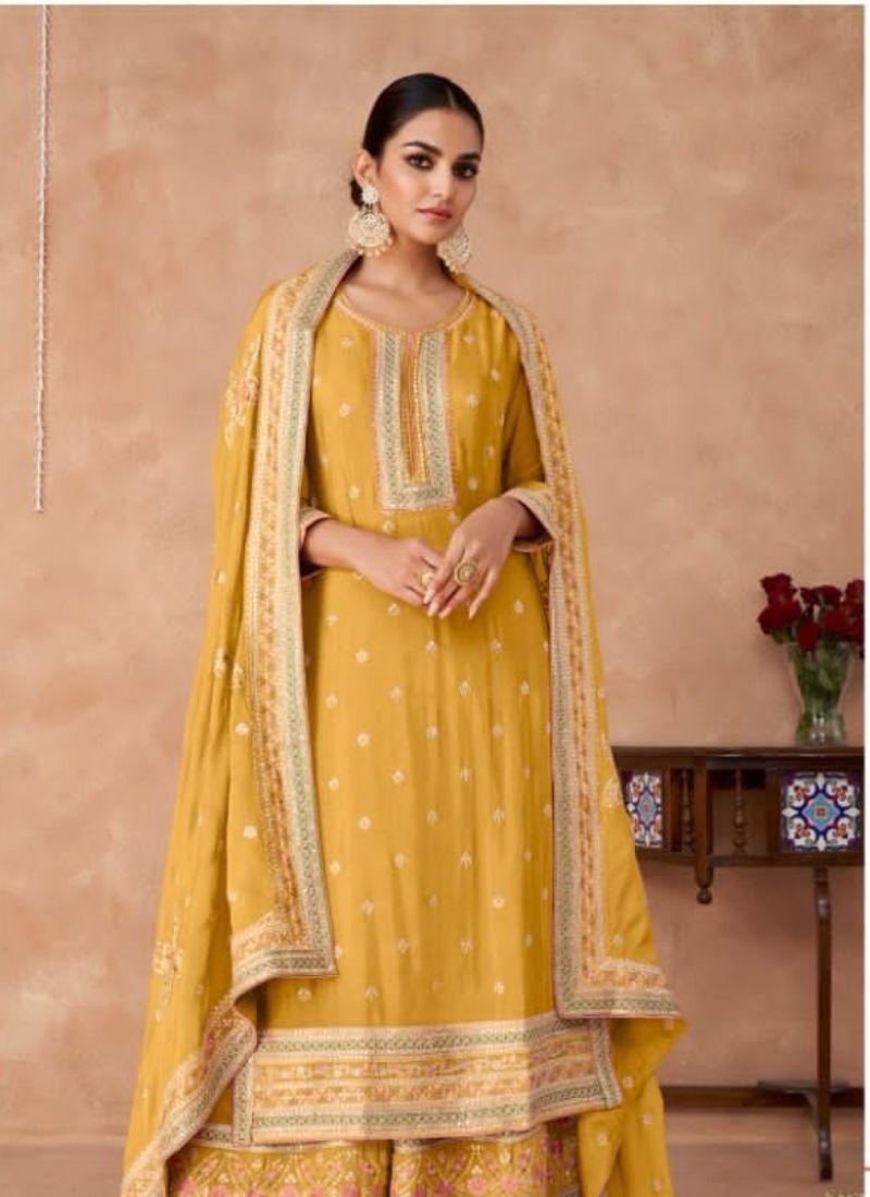 Traditional embroidered wedding palazzo suit & dupatta in yellow