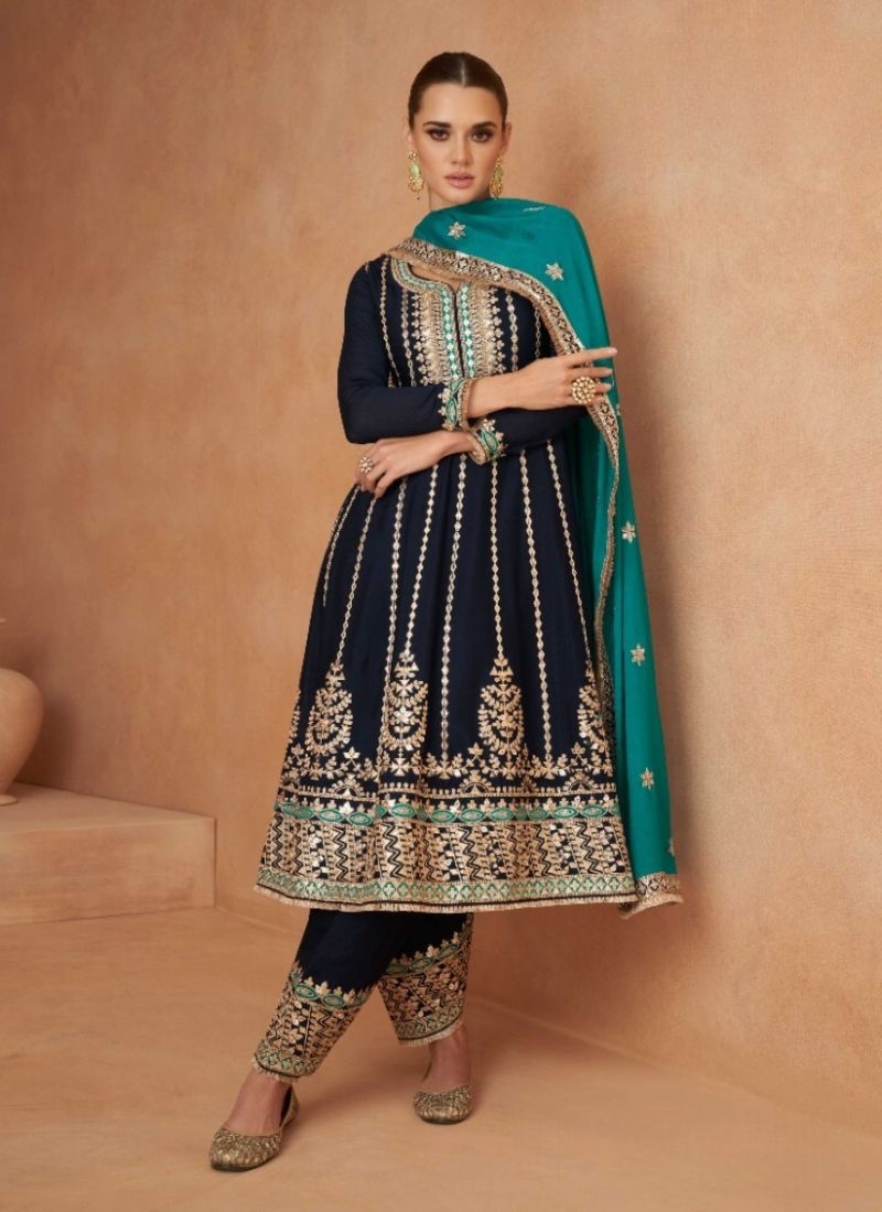 Premium embroidery chinon salwar suit in navy blue