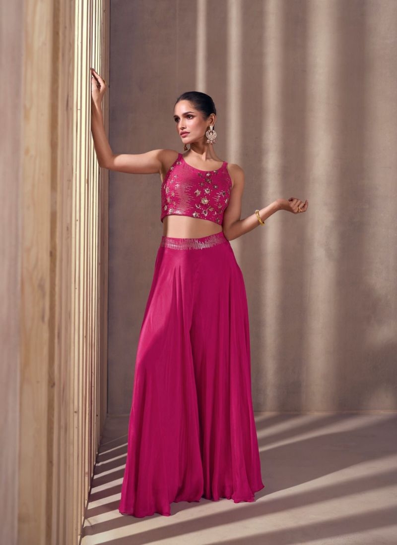 Chinon embroidered designer crop top set with dupatta in pink