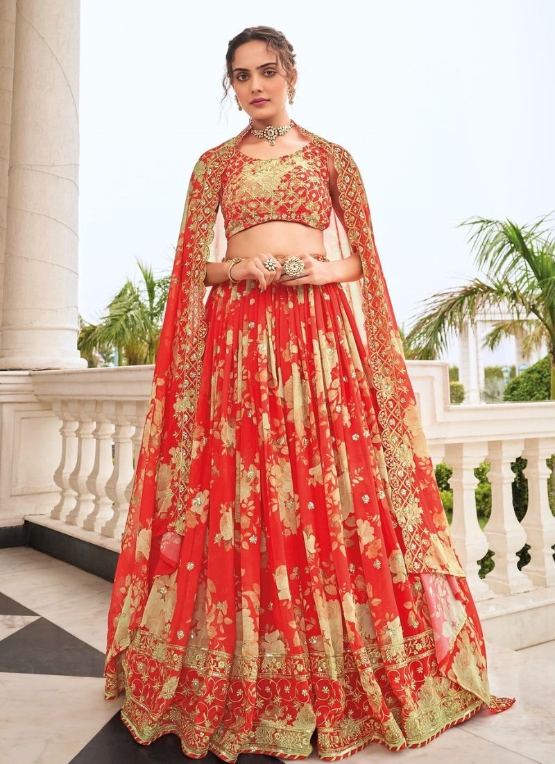 Designer floral printed embroidered Lehenga choli in red