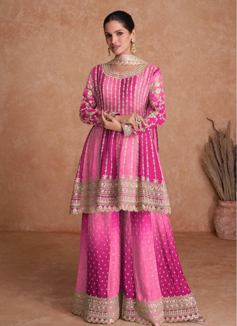 Stunning embroidered sharara suit & dupatta dark pink