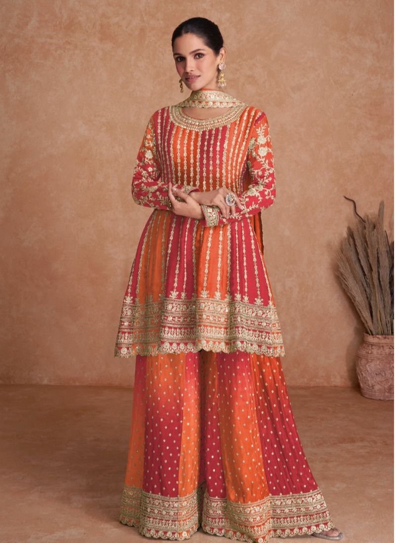 Stunning embroidered sharara suit & dupatta in orange