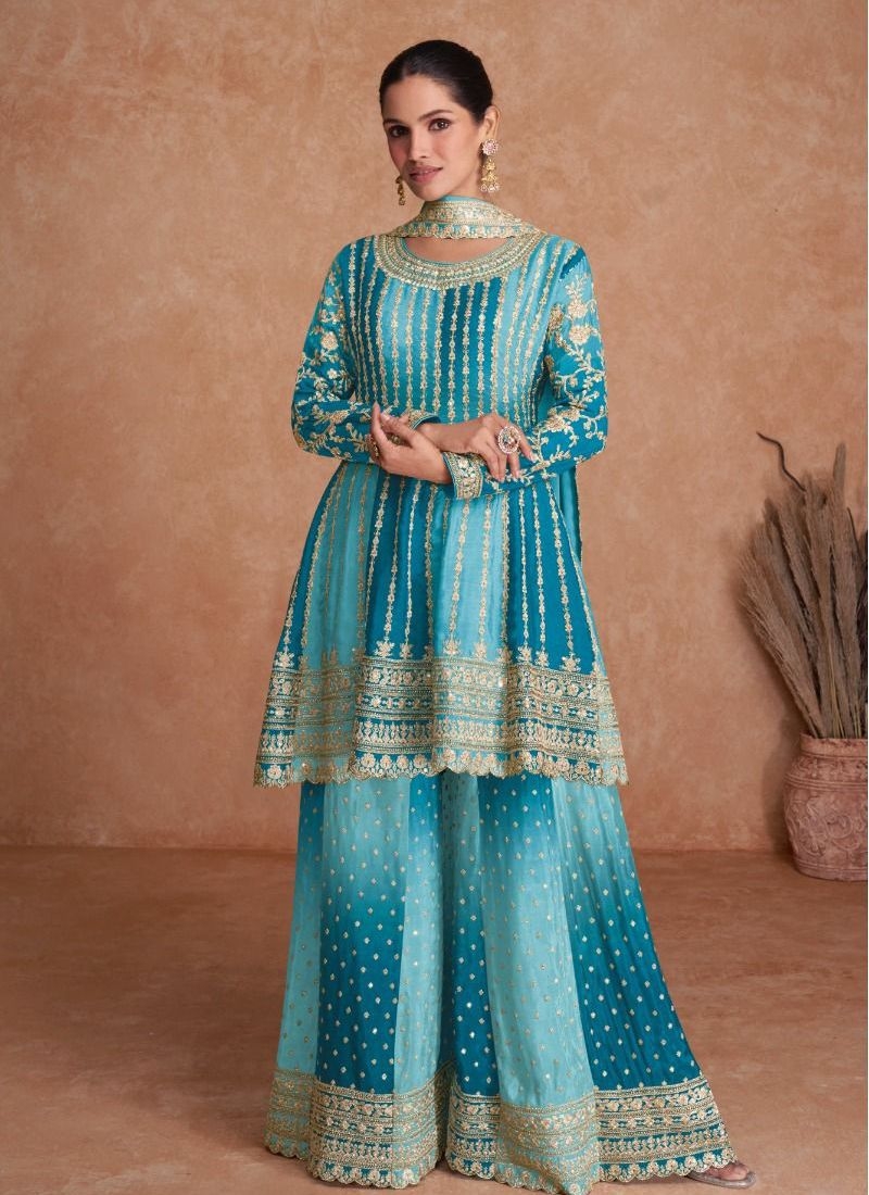 Stunning embroidered sharara suit & dupatta in blue