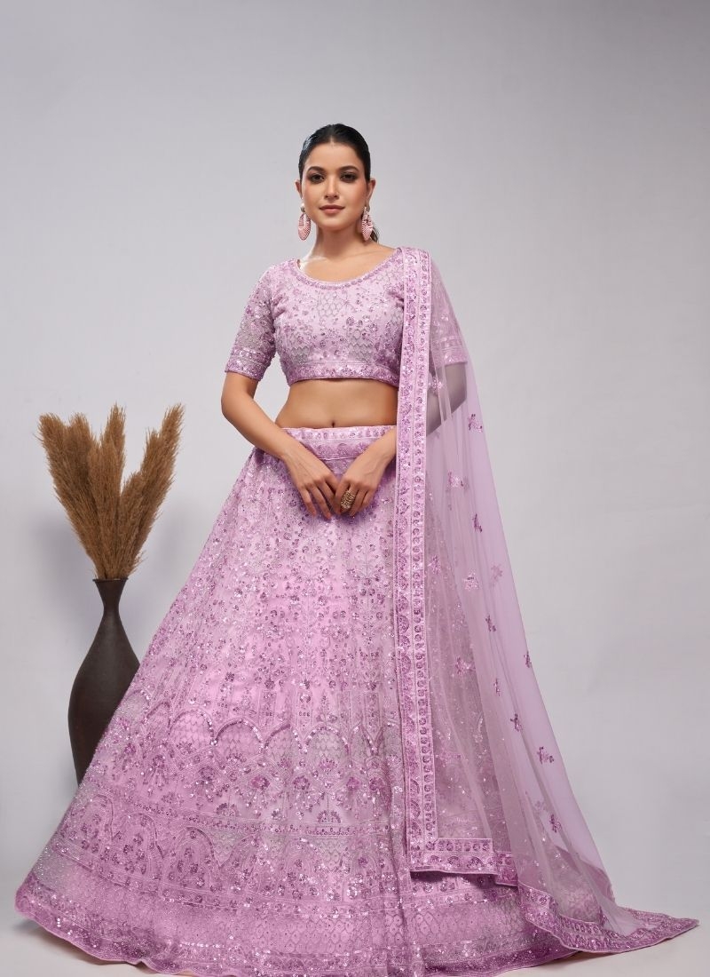 Stunning lehenga adorned by pearl and sequins bridal lehenga in light purple