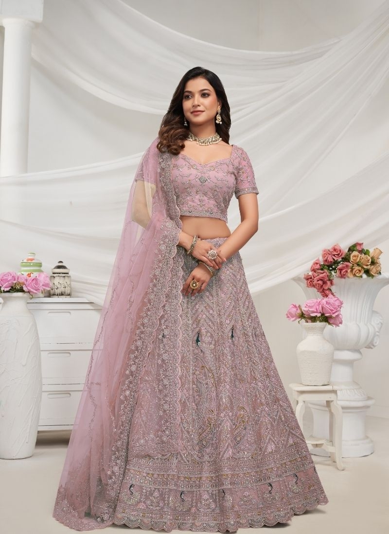 The bagh collection: white fawn peacock Embroidered bridal lehenga in light purple