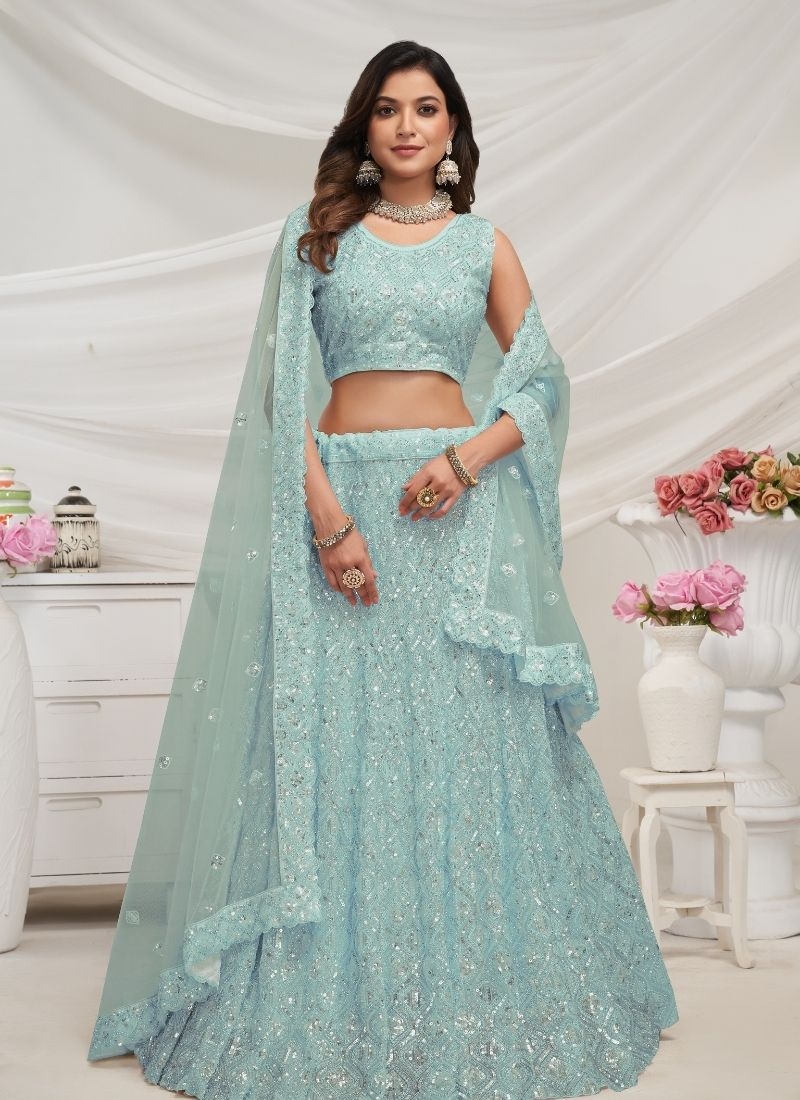 Exquisite Diamond Pattern Stone & Cut Daana Embroidered Bridal Lehenga in blue