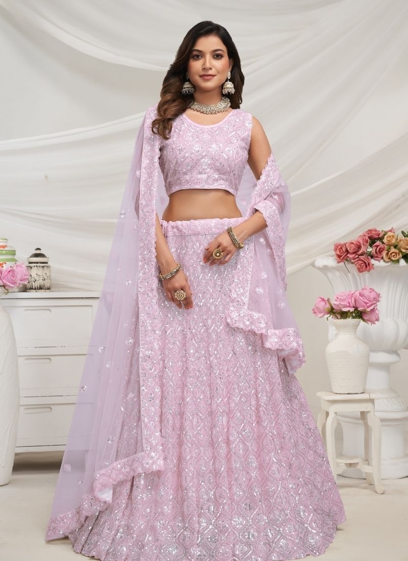 Exquisite Diamond Pattern Stone & Cut Daana Embroidered Bridal Lehenga in light purple