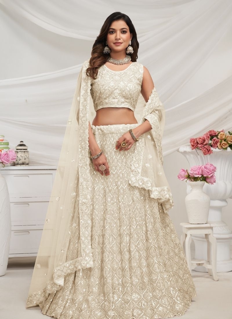 Exquisite Diamond Pattern Stone & Cut Daana Embroidered Bridal Lehenga in white