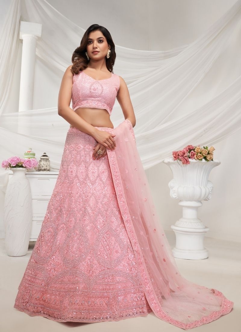 Floral Art Nouveau Patterned  sequins Embellishments  bridal lehenga in pink