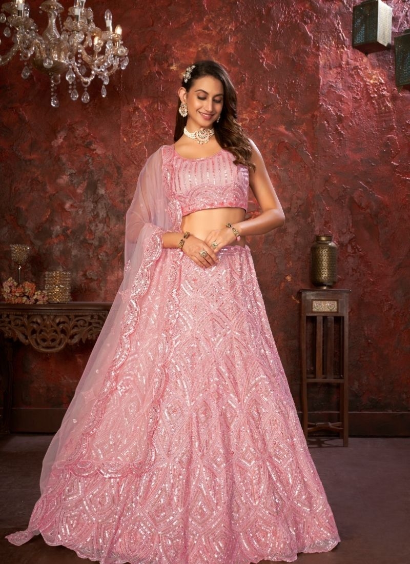 Mauve shadow Geometric Patterned Bridal Lehenga in pink