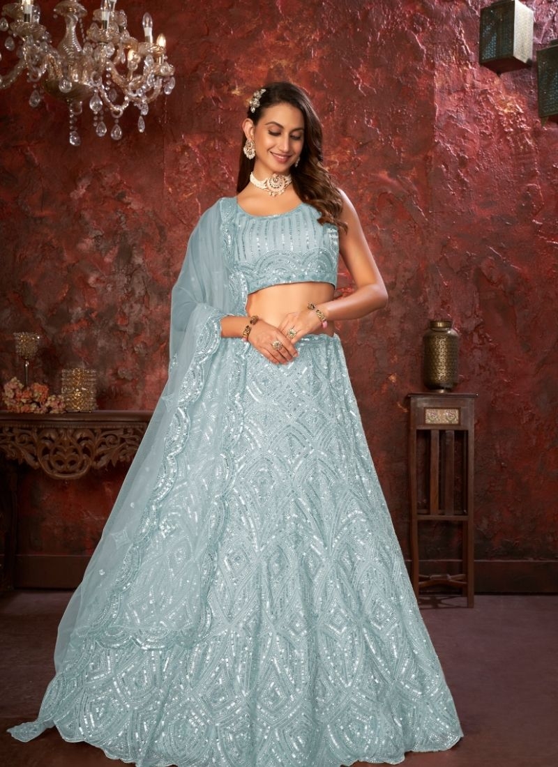 Mauve shadow geometric patterned bridal lehenga in blue