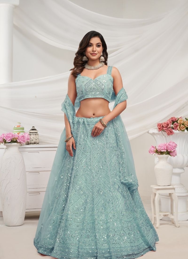 Pretty modern pattern sequins work girlish lehenga in blue