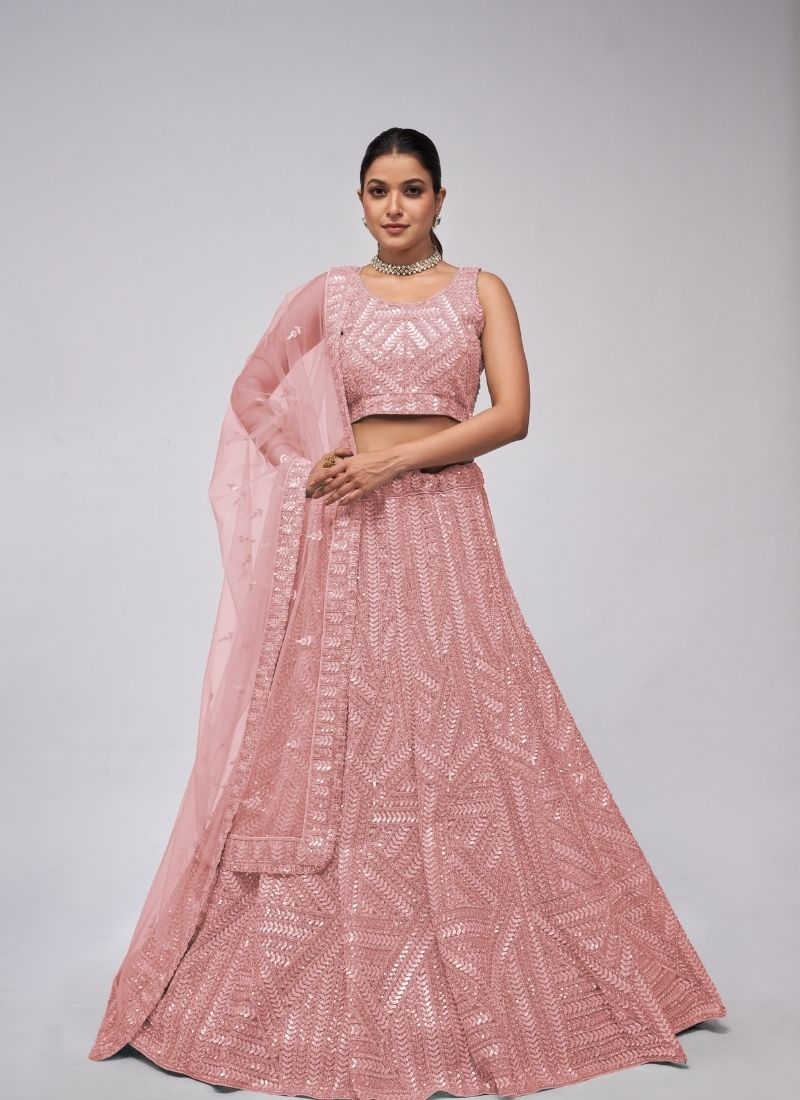 Elegant Ensemble leaves motifs sequins lehenga sangeet ceremony in pink