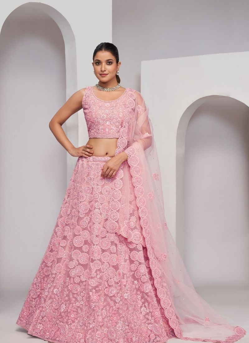 Girlish floral pattern thread and sequins work elegant lehenga in pink