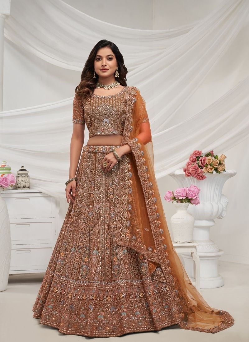 Designer Pattern beautiful sequin and  Zari work bridal lehenga in dark brown