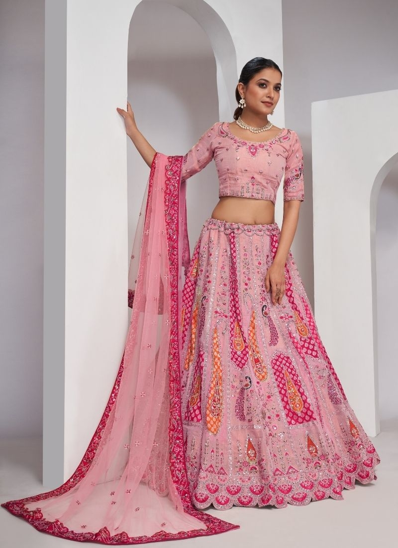 Elegant Peacock and Paisley motifs Silk traditional lehenga choli in baby pink