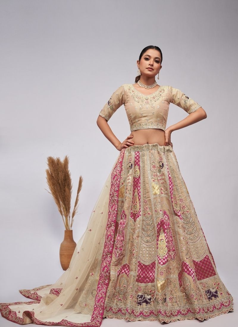 Elegant Peacock and Paisley motifs Silk traditional lehenga choli in perl white