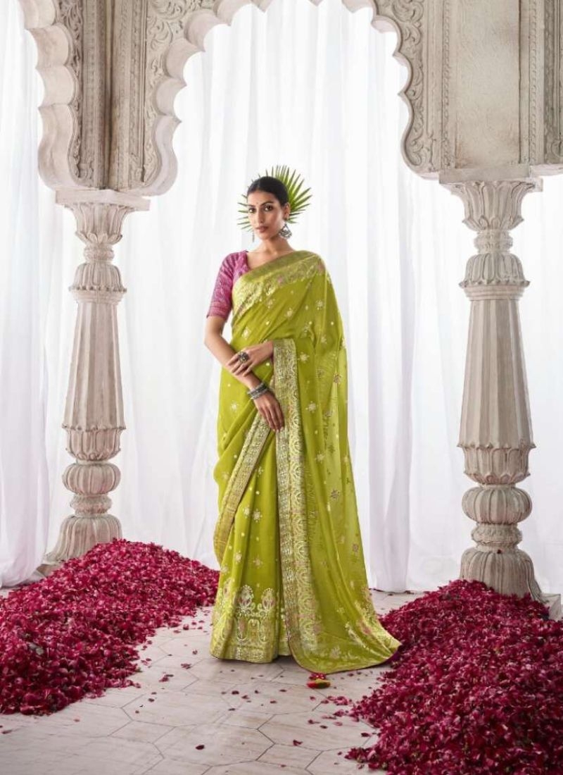 Designer meenakari work silk saree in light green