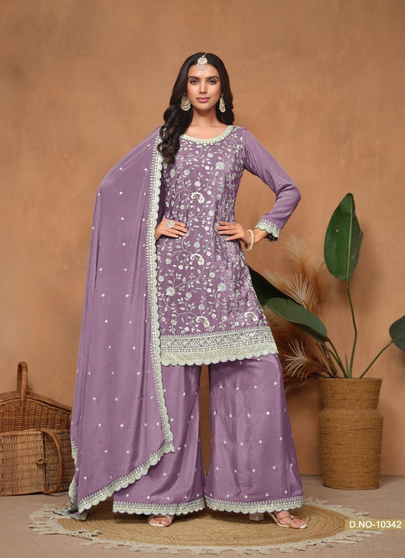 Silver thread embroidered chinon palazzo suit in purple